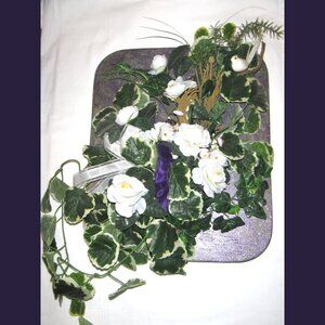 Handmade White Silk Flower Decoration on Purple Wood Wall Art Wedding Ivy 14x17